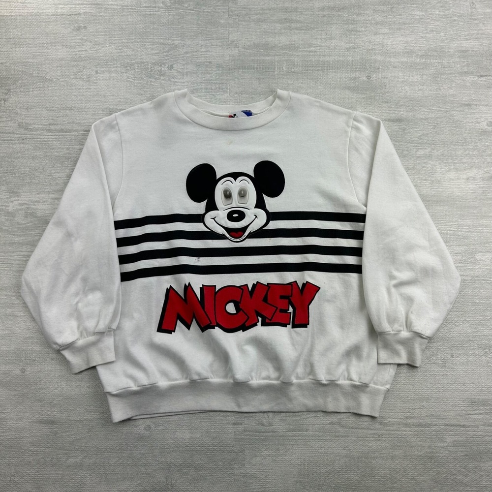 Vintage 80s Disney Mickey Mouse Sweatshirt Size Large White Striped Face Logo